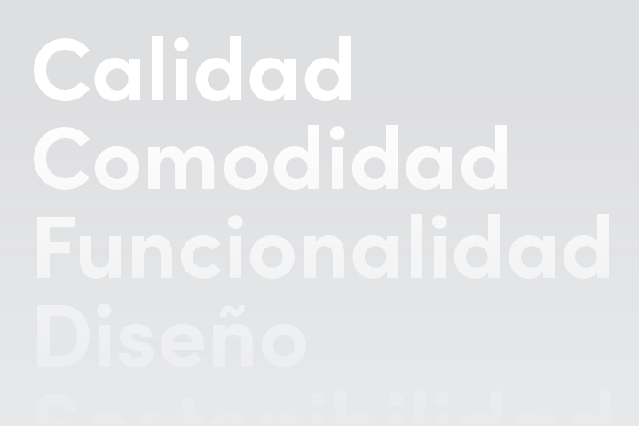 Diferentes inscripciones debajo: calidad, comodidad, funcionalidad, diseño.